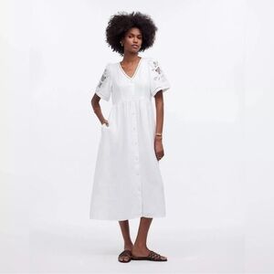 Madewell Cassie Button-Front Midi Dress in White Linen S